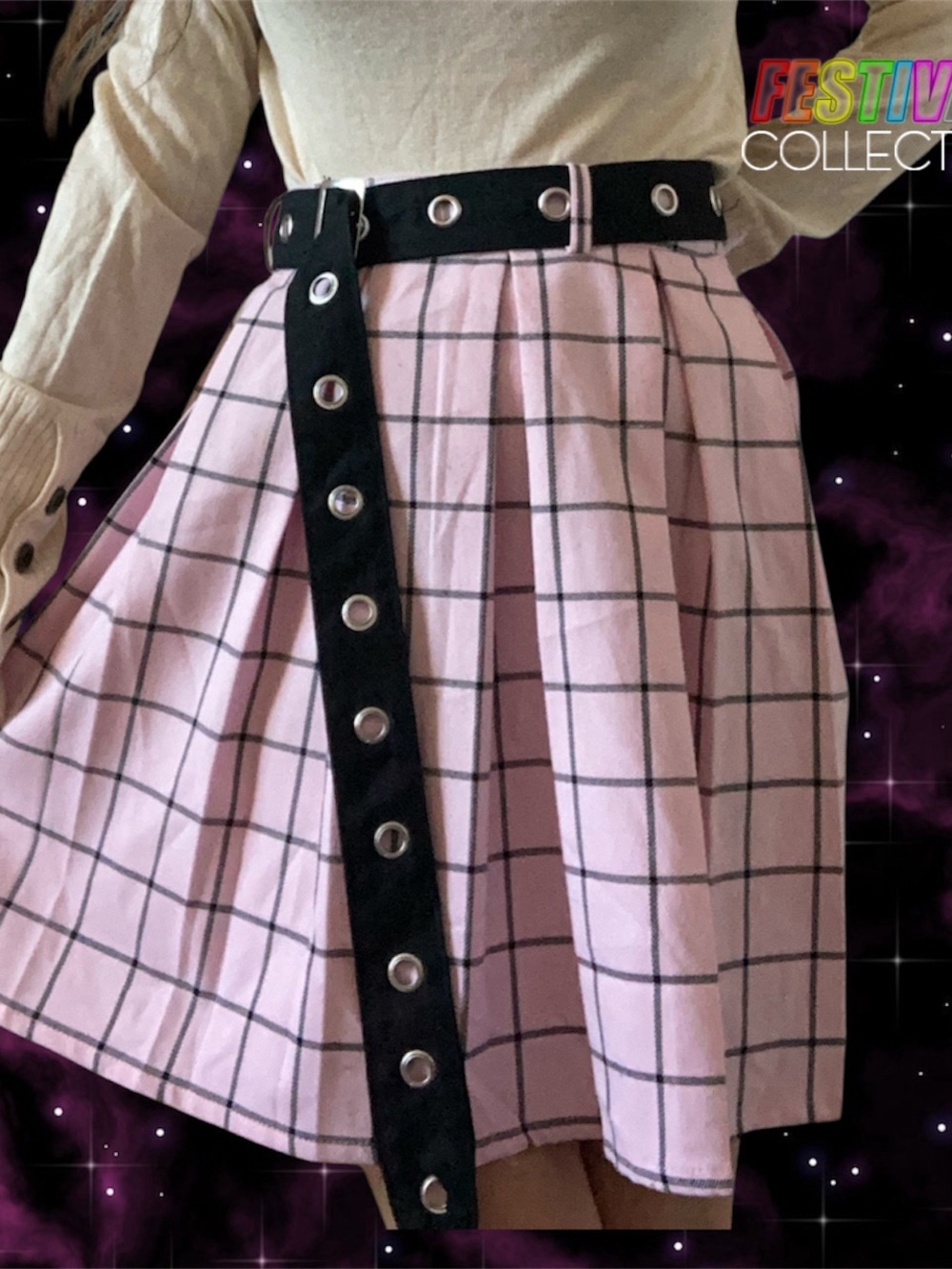 Pastelgoth Hot Topic Pink and Black Grid Skirt with Grommet Belt